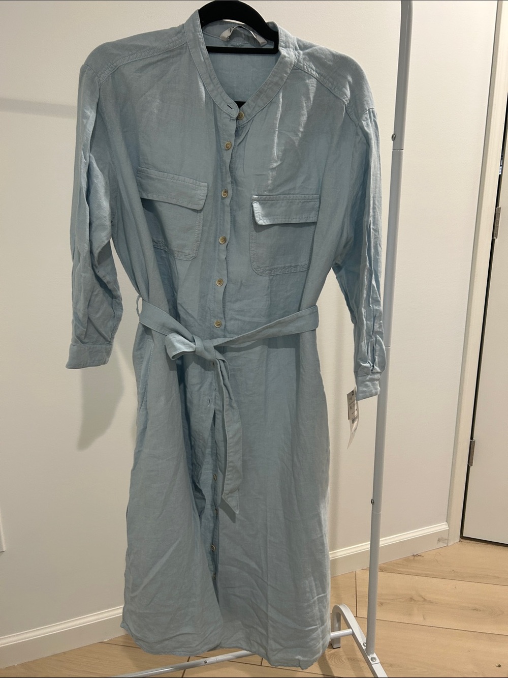 Zara Light Blue Linen Midi Shirt Dress